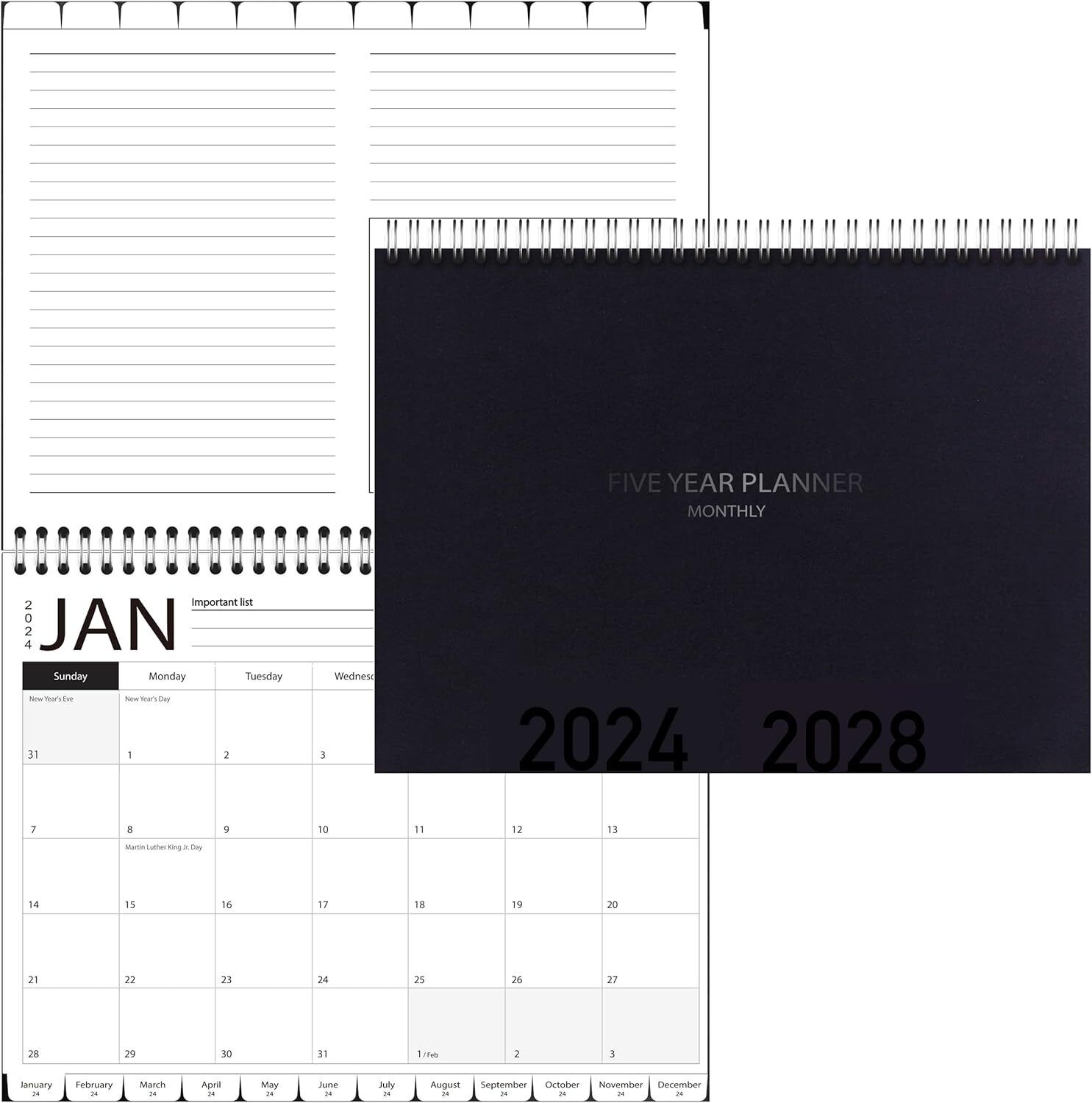 5-Year Calendar Planner, 2024-2028 Monthly 8.5 inches X 11 inches, black 