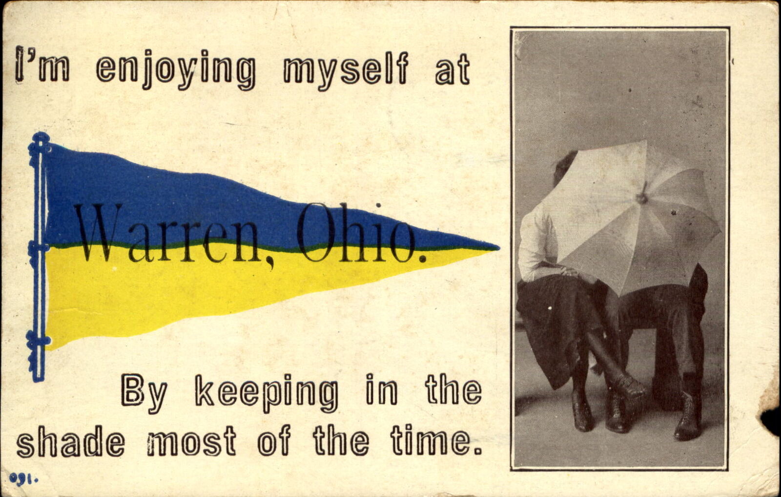 Warren Ohio pennant postcard 1912 ~ couple umbrella romance comic