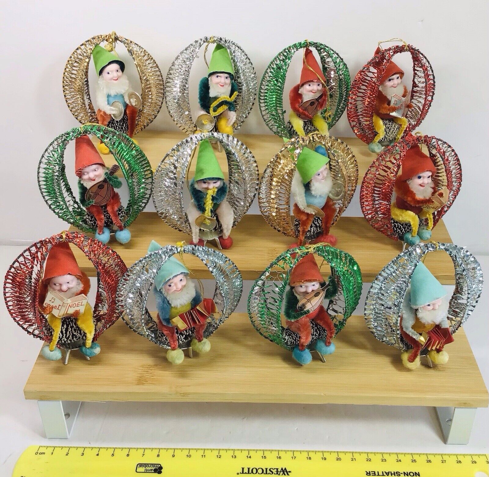 Vtg. Lot Of 12 Shiny Brite Pinecone Celluloid Elf In A Metal Mesh ORN. Chenille