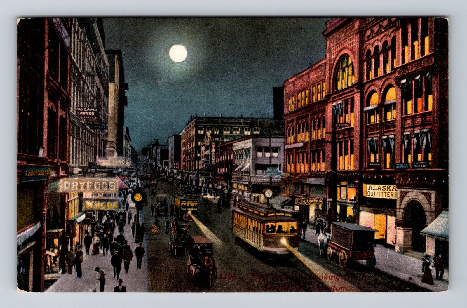 Seattle WA- Washington, First Avenue Looking North, Advertise, Vintage Postcard