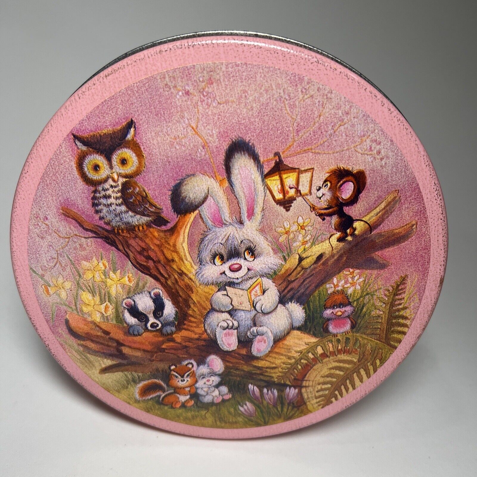 Vintage Easter Tin Rabbit Owl Forest Kitschy Cottage Pink Cookie Storage 70s 80s