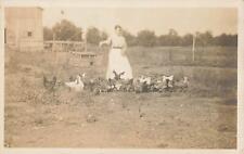 RPPC 1910s Real Photo Postcard Old Farm Woman Feeding Chickens  picture