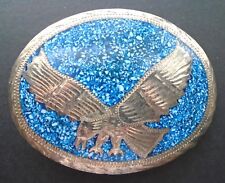 Vintage Western Alpaca Mexico Silver Eagle Blue Background Oval Belt Buckle picture
