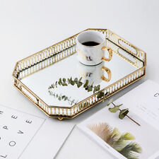 Glass Vintage Metal Octagon Mirror Surface Tray Makeup Perfume Holder Luxurious picture