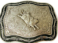 Bull Rider Belt Buckle Crumrine Silver Tone Etched Detail Western Cowboy Rodeo picture