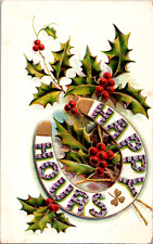 Vintage C. 1915 Happy Hours Horseshoe Holiday Greeting Postcard Hastings NE picture