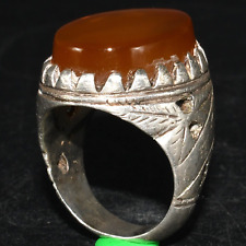 Authentic Old Near Eastern Silver Hakik Carnelian Ring with Decorated Bezel picture