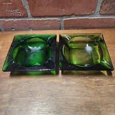 2 Vtg Square Anchor Hocking Cigar Cigarette Ash Tray MCM Forest Emerald Green picture