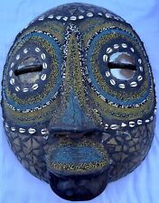 Vintage Very Large African Hand Carved Wood Decorative Tribal Mask Brass Beads picture
