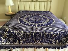 American 19th Century Woven Indigo Blue & Cream Jacquard Coverlet 76