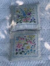 Set Of 2 Vintage Embroidered Crewel Floral Botanical Throw Pillow 12x12” Boho picture