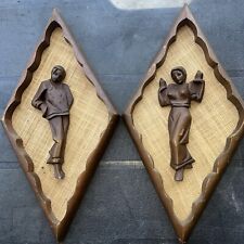 Vintage MCM Teak wood hand carved wall plaques triangle Man And Woman Dancing picture