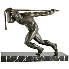 Art Deco bronze sculpture male nude athlete with rope Maurice Guiraud Riviere. picture