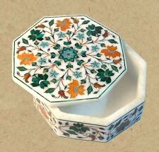 Octagon White Marble Decorative Box Multi Precious Stone Inlay Work Brooch Box picture