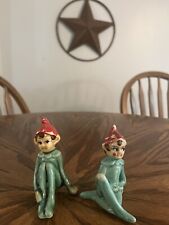 2 Vintage Ceramic Green Pixie Elf Red Hat Figurine picture
