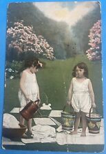 Vintage Early 1900s Postcard - Two Girls with Buckets in Blossoming Garden picture