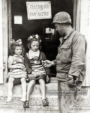 Vintage 1944 WWII Photo - Thank You American - Soldier Giving French Girls Candy picture