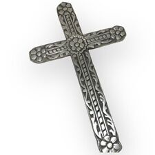 Large Metal Cast Aluminium Silver Tone Crucifix Cross Floral Embossed Wall Decor picture