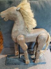VINTAGE Primitive WOODEN CARVED HORSE JOINTED LEGS ON STAND 16