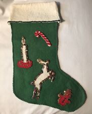 Vintage 1960’s Felt Sequin Hand Made Christmas Stocking ~ Reindeer ~ 12” Tall picture