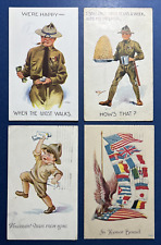 4 World War I era Antique Patriotic Postcards. 2 Artist Signed: Wall. Comic picture
