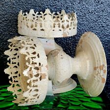 2 Country Cottage Chic Pedestal Candle Holders White Wash Tin Metal Filigree  picture
