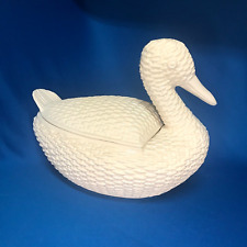 Vintage Mid-Century Majolica White Ceramic Wicker Duck Soup Tureen With Lid picture