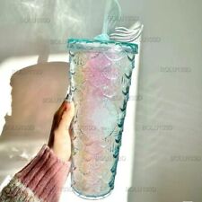 Starbucks Cup Shiny Light Blue Mermaid Fish Scale Straw 24oz Cold Cup Tumbler picture