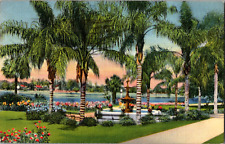 Vintage 1937 Beautiful Fountain Amidst Tropical Paradise Florida FL Postcard  picture