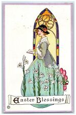 1916 Easter Blessings Pretty Girl Lilies Flowers Embossed Mansfield OH Postcard picture