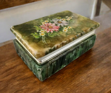 Vintage Hand Painted Floral Jade Casket Hinged Jewelry Trinket Dresser Box picture