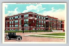 Hamilton OH-Ohio, High School Building, Old Car Driving by, Vintage Postcard picture