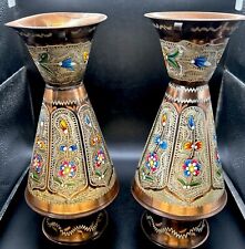 Vintage Pair Of Turkish Hand Engraved Tri Colored Copper And Brass Vases Floral picture
