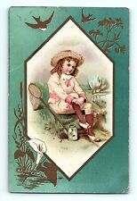 Victorian Trade Card 1800s S E Graves Clothing Store Ohio Girl Butterfly Net Hat picture