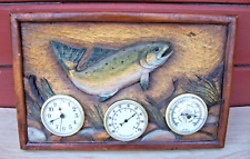 RARE Vintage Clock Barometer Thermometer Humidity Fish Trout Fishing Wall Plaque picture