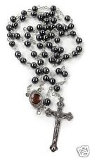 Hematite Rosary Black Stone Beads Necklace Jerusalem Holy Soil Cross picture