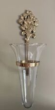 Vtg Floral Brass & Glass Wall Vase 17” X 5” Made In India 1980s picture