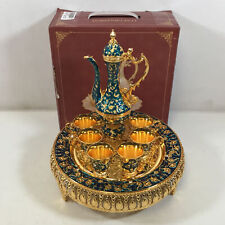 Igtazy Blue Gold Retro 6 Cups Luxury Turkish Coffee Cup And Tea Pot Set picture