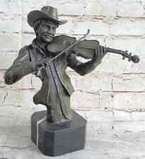 Cowboy Playing Violin Fiddle Music Bronze Sculpture Marble Statue Figurine picture