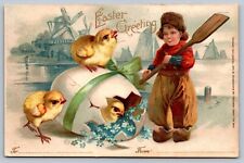 1907 postcard  ELLEN CLAPSADDLE EASTER DUTCH BOY w/oar/chicks/boats/windmill picture
