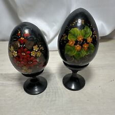 Pair Of Hand Painted Floral Black Lacquer Eggs 3” On Stand picture