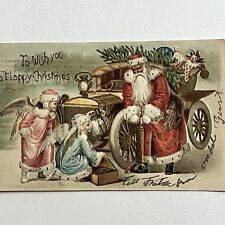 Antique Embossed Christmas Postcard Tuck 304 Santa & Angels Changing Car Tire picture