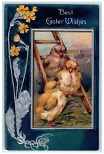 1908 Easter Wishes Chicks Ladder Flowers Embossed New Haven Connecticut Postcard picture