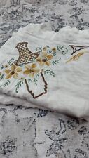 Vintage Hand Embroidered Linen Floral Basket Tablecloth 47