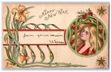 1906 Pretty Woman Holly Berries Flowers Stars Art Nouveau Boston MA Postcard picture