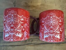 2 Starbucks Woodland Lace Red & Pink Ceramic Mug Foxes Deer NIB picture
