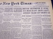 1940 JANUARY 22 NEW YORK TIMES - BRITISH DESTROYER IS SUNK - NT 208 picture