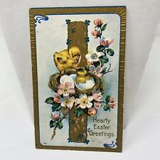 Vintage Hearty Easter Greetings Postcard Cross Yellow Chicks Floral Antique picture