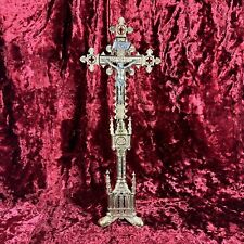Antique Gothic Brass Crucifix Cross Altar Cathedral Jesus Corpus BEAUTIFUL picture