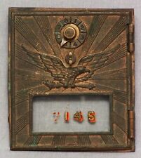 VINTAGE  BRASS POST OFFICE BOX DOOR WITH EAGLE, 5 INCHES X 6 INCHES. picture